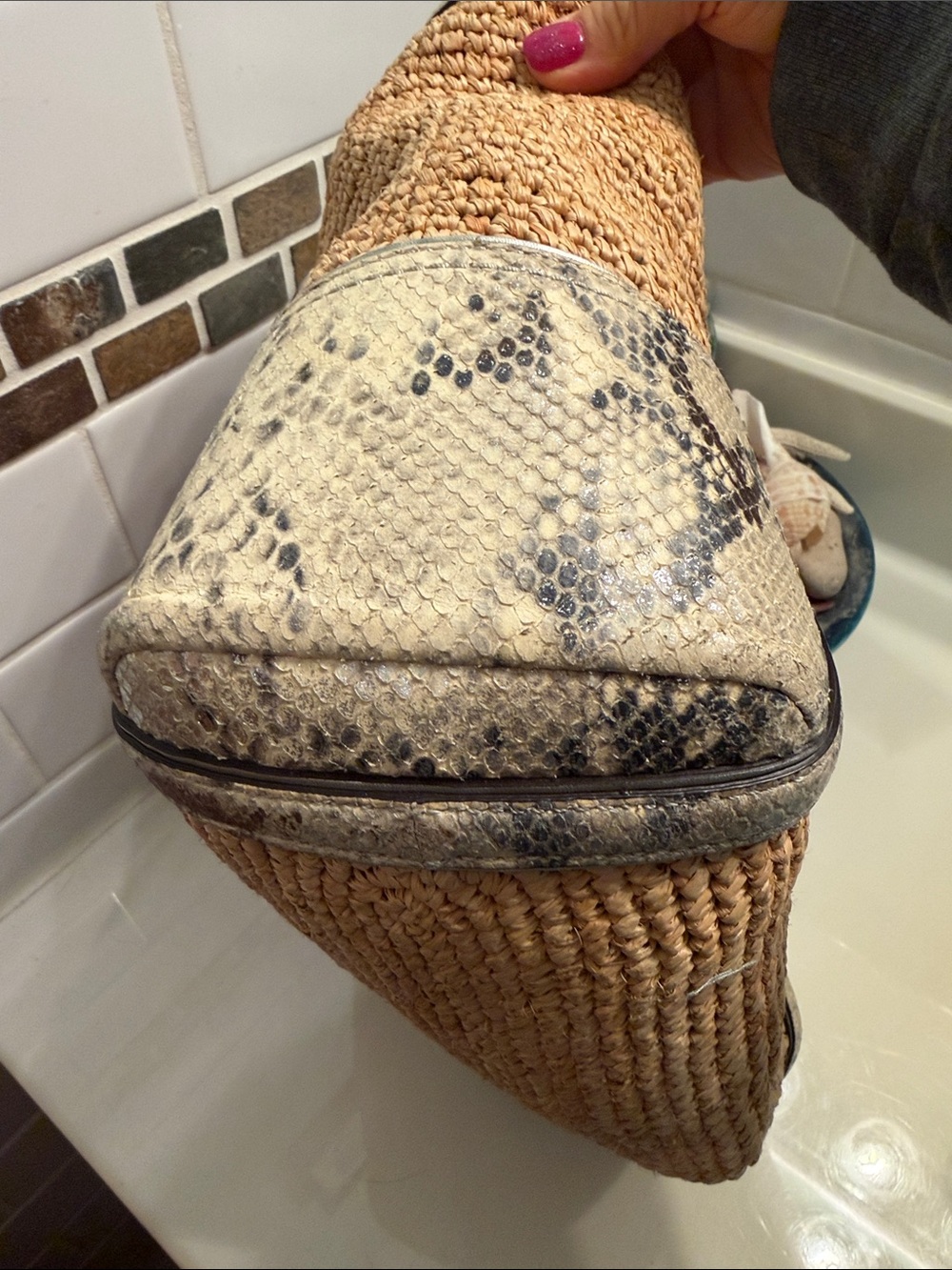 Coach Woven Straw Tote with Snake-Print Trim - Beige - Picture 8 of 11